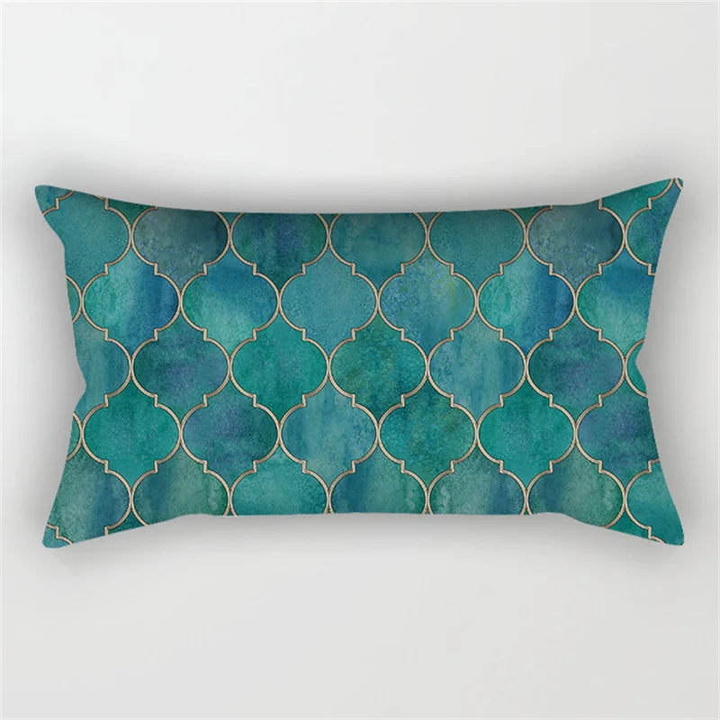 30x50cm Teal Blue Geometric Polyester Pillowcase Chair Sofa Home Decoration Pillow Cases Feather Leaves Flower Ink Cushion Cover