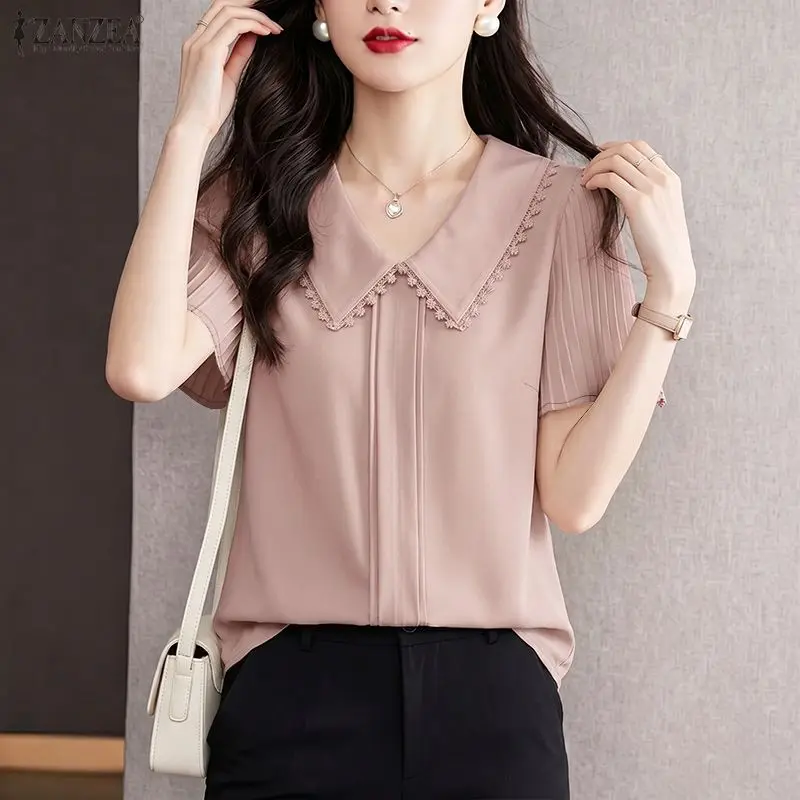 

2026 ZANZEA Summer Elegant V Neck Short Sleeve Blouse Office Shirt Women OL Work Tops Female Holiday Blusas Tunic Mujer Oversize
