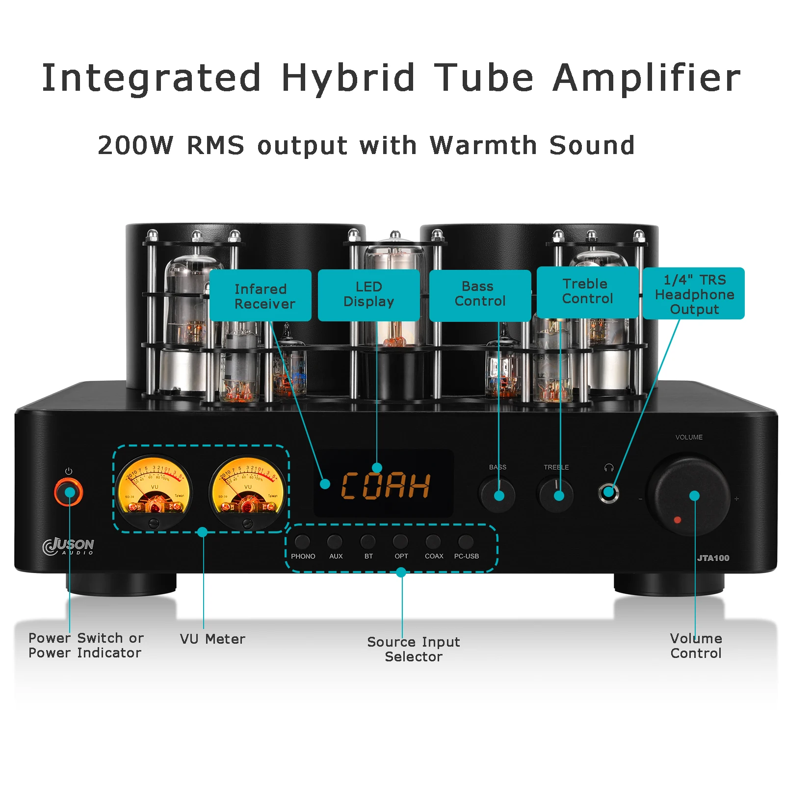 Juson Audio JTA100 RMS200W 통합 스테레오 하이브리드 튜브 앰프 BT5.0 턴테이블 오디오 수신기 용 USB RCA Opt 헤드폰