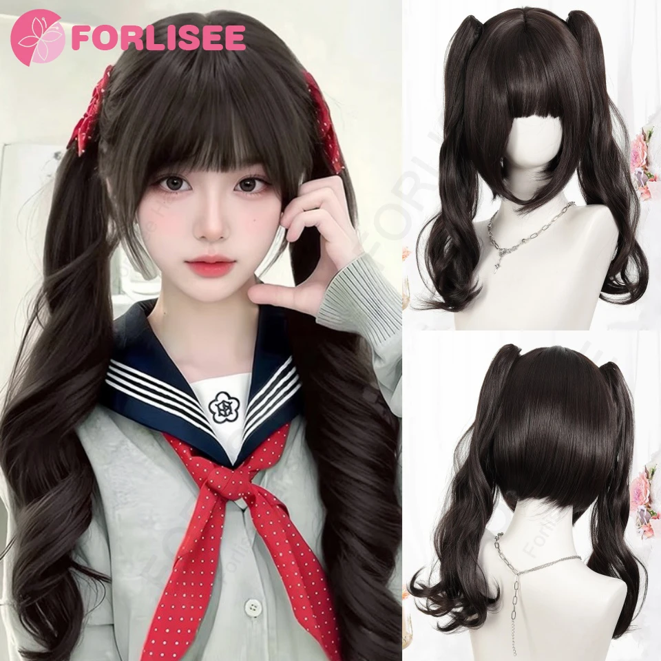 Dubbele paardenstaart Krullend haar Synthetisch Lolita Krullend haar met pony Donkerbruin Anime Pruik Oberl Vrouw Party Cosplay Pruik ﻿ LM