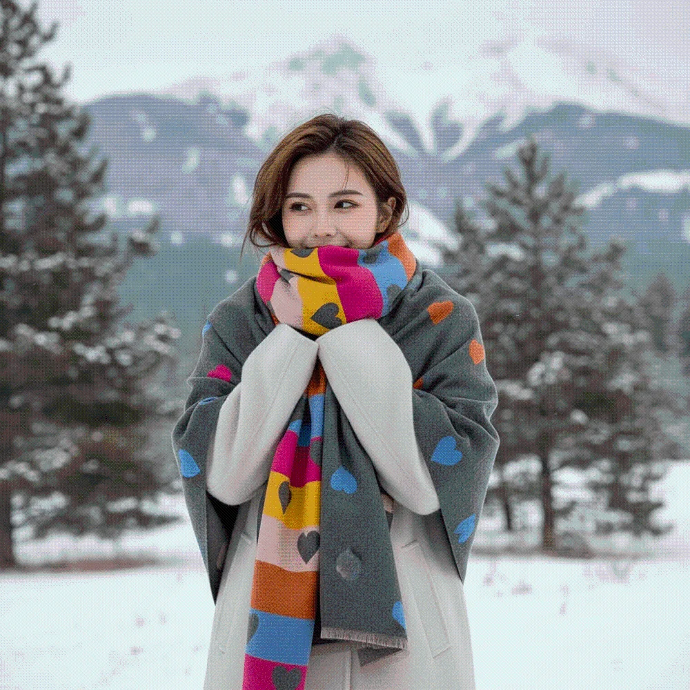 Colorful Knit Stole Thick Heart Pattern Scarf Soft Warm Faux Cashmere Wrap Double Sided Cozy Fabric Winter Warm Shawl Daily Wear