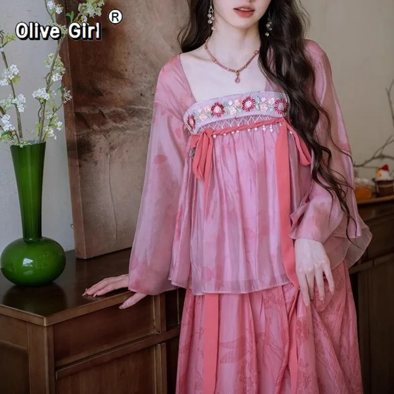 

Olive Girl Pink Shirt Embroidery Blouse Chiffon Summer Top Sweet Elegant Pink Shirt Floral Print Women's Skirt Outfits Clothing