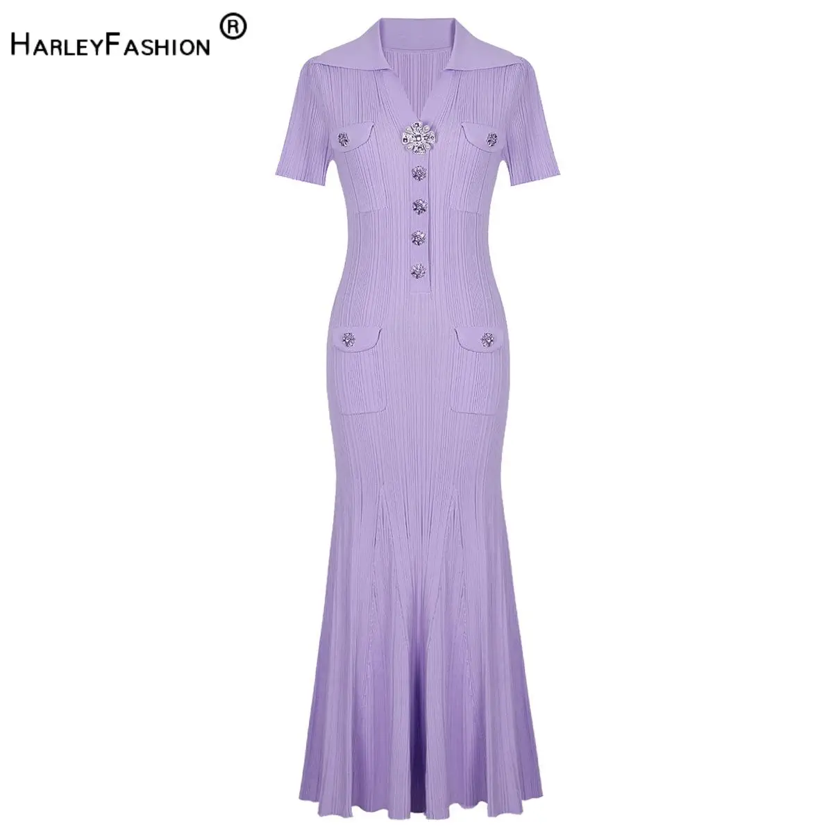 

Quality in Stock Lady Summer Style Rhinestone Buttons Turn-down Collar Short Sleeve Wear Women Knit Slim and Flared Maxi Dress