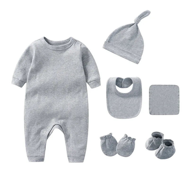 Newborn Baby Clothing 0 To 3 Months Jumpsuit Sets Solid Color Romper Hat Bib Towel Gloves Accessory Suits Baby Boy Girls Outfits