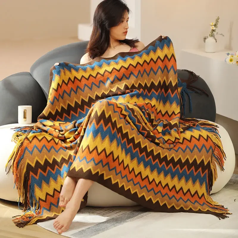 Boho Knitted Plaid Blanket Ethnic Homestay Office Nap Blanket Lightweight Set Carpet Bed Tail with Tassels for Couch Sofa Decor