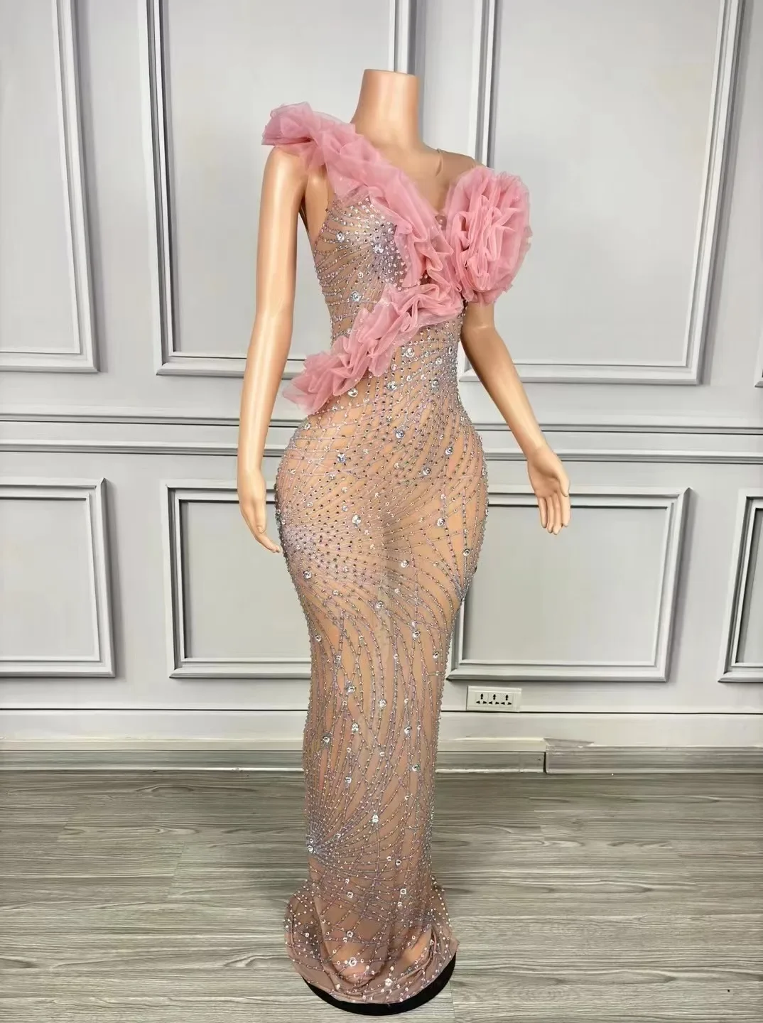 Błyszcząca sukienka z dżetów damska seksowna siateczkowa sceniczna bez rękawów przepuszczalność świętuj wieczorowy bal sukienka urodzinowa strój do sesji zdjęciowej