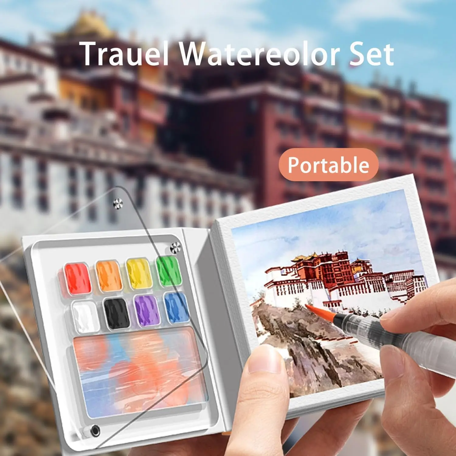 مجموعة طلاء صغيرة محمولة - أقلام ألوان مائية، صندوق طلاء 8 ألوان وكراسة رسم لجميع الفنانين، رسم خارجي
