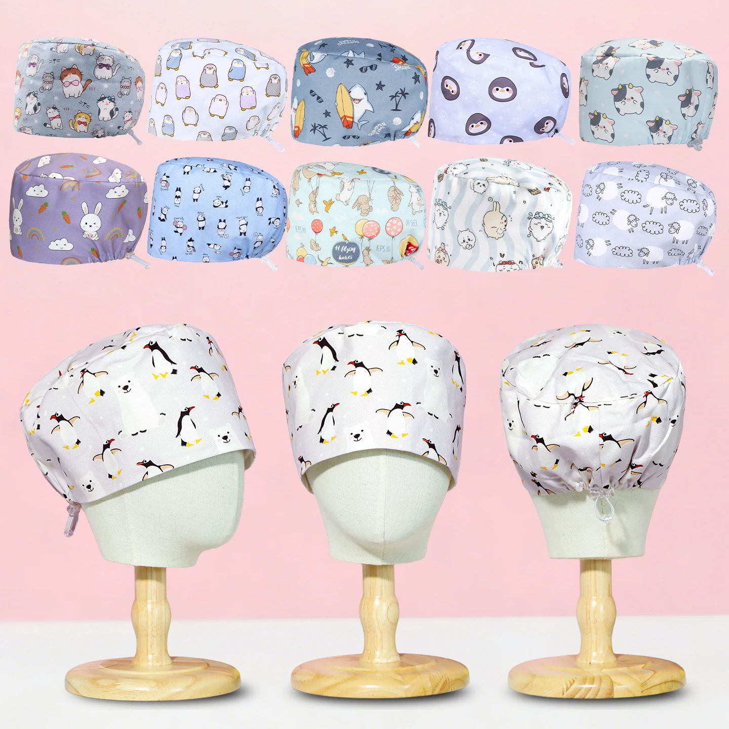 

Медицинские шапочки с милым мультяшным принтом для женщин и мужчин, хирургические медицинские колпаки, рабочие шапки для стоматологов, 100% плотный хлопок, для здравоохранения