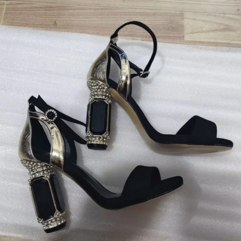 SHOFOO Sexy women's high-heeled sandals. Crystal heel. About 10.5cm heel height. Black suede gold embossed leather sandals.34-46