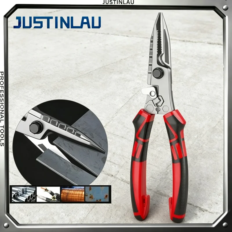 JUSTINLAU Multifunktionale Blechschere, Crimpzange, Drahtschneidewerkzeug mit Schraubenschlüssel-Funktion für Metallblech- und Kabelschneiden, Handwerkzeug