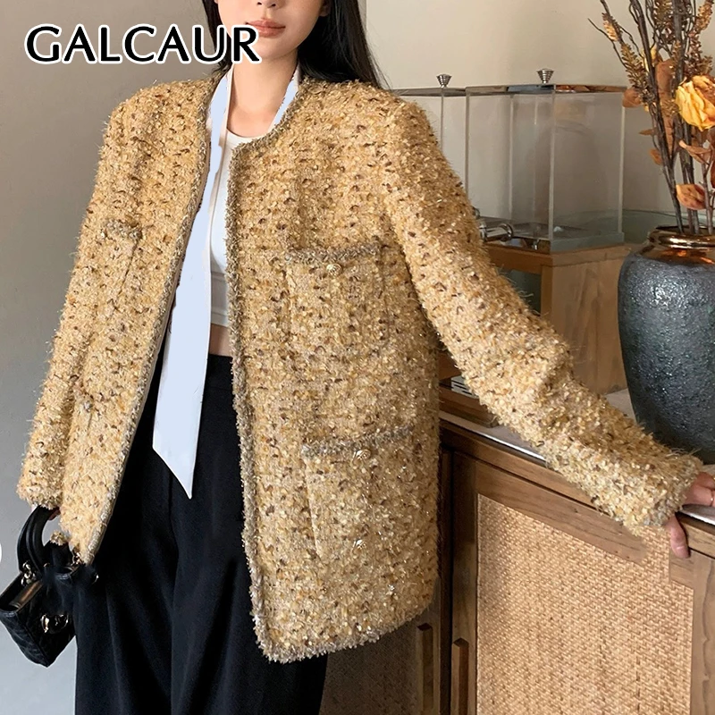 GALCAUR Hit Color Floral Cardigan Jacket Round Neck Long Sleeve Patchwoek Pocket Temperament Coat Female Fashion Style 2024 New