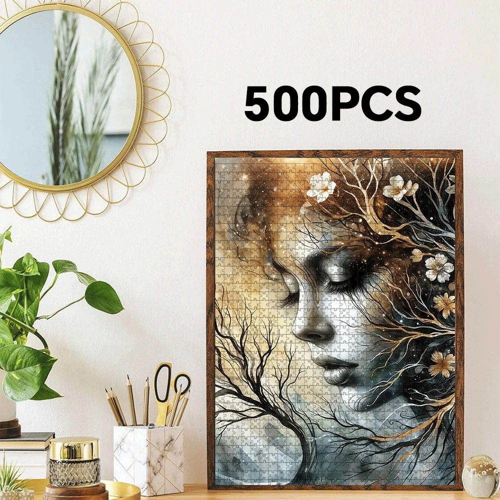 1000/500pcs -Inspired Cherry Blossom & Woman Face Jigsaw Puzzle - Large Adult Brain Teaser, Family Game Night, DIY Home Decor, view 3