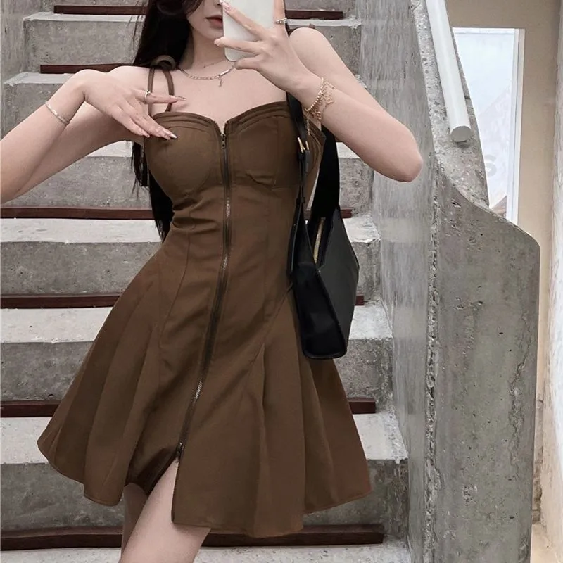 

Mini Dress Women Sexy Sleeveless Solid Slim Party V-neck Spaghetti Strap Dresses Fashion Vintage Zipper A-line Vestidos Female