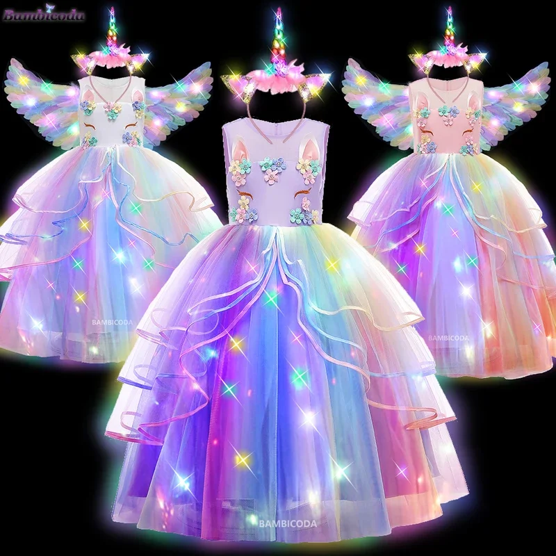 Girls pastel unicorn flower glowing tutu dress kids tulle dress ball gown with ribbons children Party LED light dress up costume