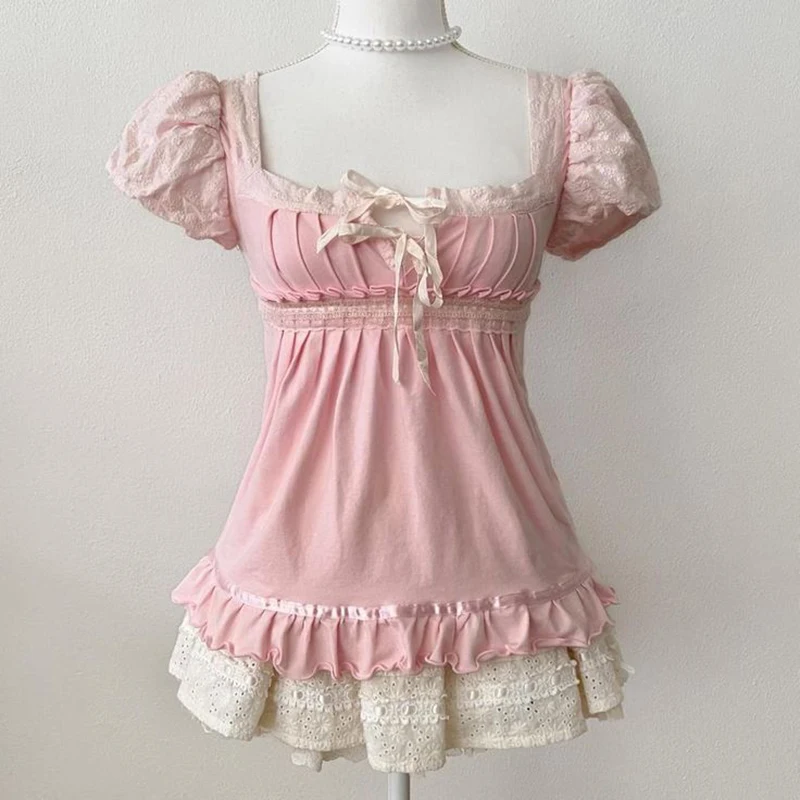Camiseta Vintage de Hada estética Y2K, camiseta de manga corta con cuello cuadrado, camiseta de Miklmaid para chica dulce, ropa de mujer, Top corto de encaje Grunge Kawaii