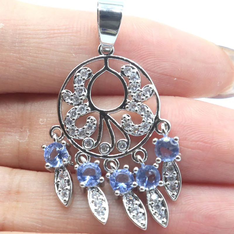 Buy 5 Get 1 Free 41x21mm Violet Tanzanite Aquamarine Green Amethyst CZ Women Wedding Silver Pendant