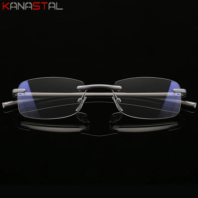 Men Rimless Reading Glasses Prescription Lenses Presbyopic Eyewear Women Blue Light Blocking Lenses Al-Mg Eyeglasses Frame