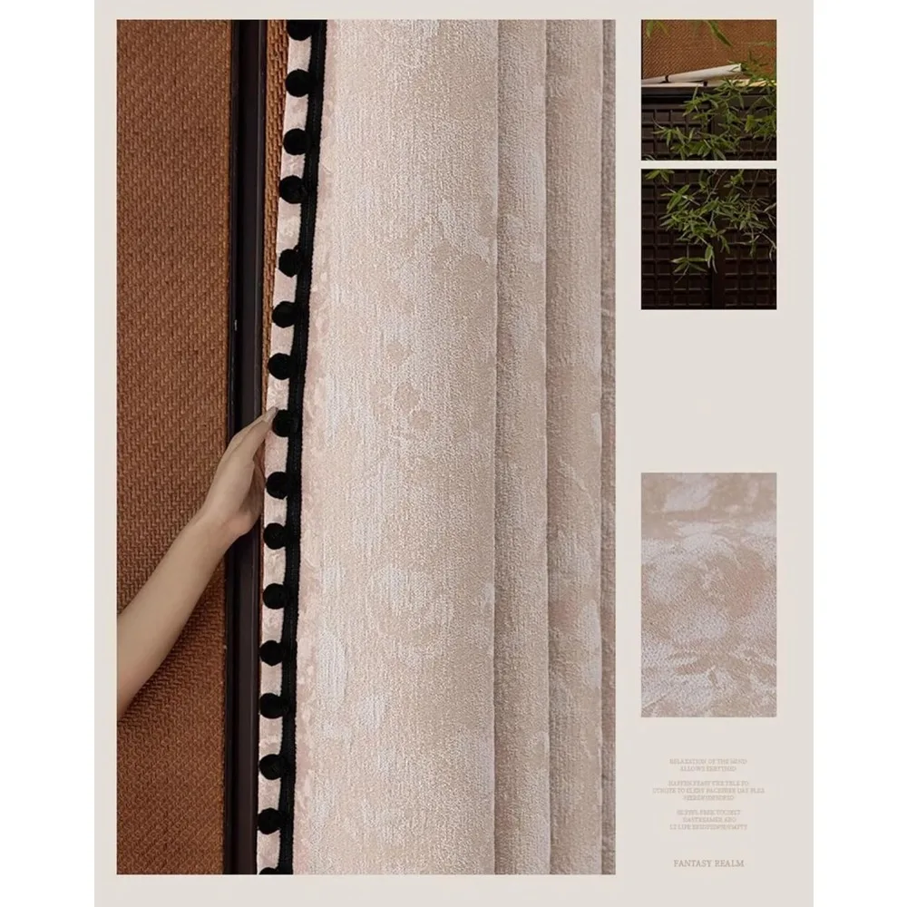 Rideaux boule jacquard en velours occultant avec chenille beige et bordure noire pour l'obscurcissement de la pièce, rideaux à œillets, grande taille