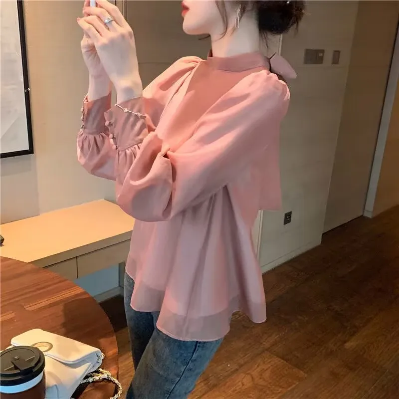 Women French Bow Chiffon Shirt 2025 Spring Autumn Puff Sleeve Stand Collar Chiffon Blouses Femme All-match Blouse Elegant Shirt
