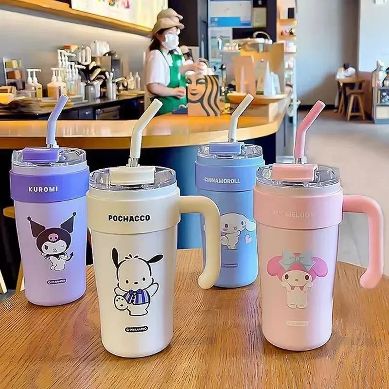 

Sanrio 860 мл термос милый Cinnamoroll бутылка для воды из нержавеющей стали большой емкости Kuromi соломенный стакан чашка подарок