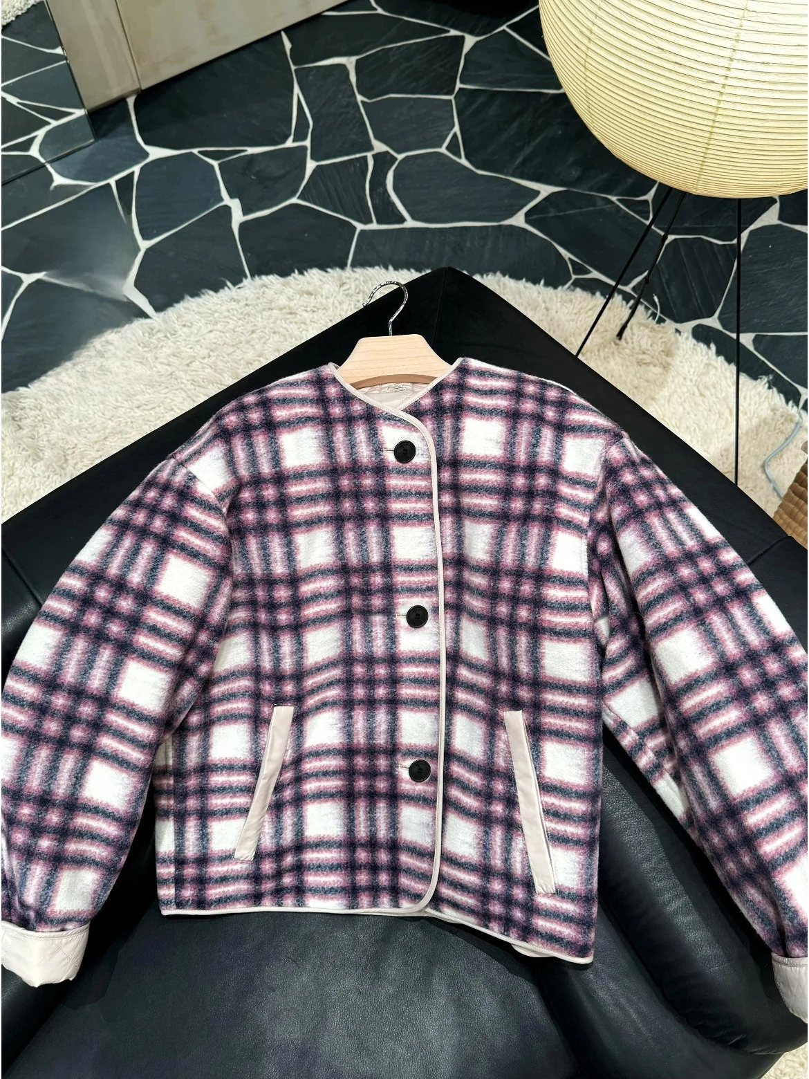 

Двусторонняя куртка IS2025: осенне-зимнее фиолетовое пальто в клетку из хлопка и шерсти, модная теплая верхняя одежда для женщин