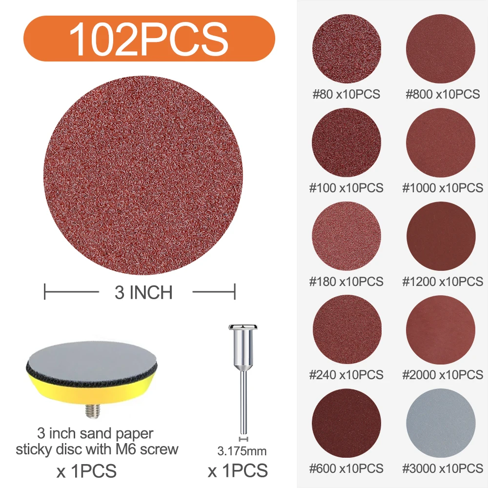 CMCP 102pcs 3inch Sanding Discs Pads 80-3000 Grit Sandpapers Abrasive Polishing Pad Kit For Drill Grinder Rotary Tools