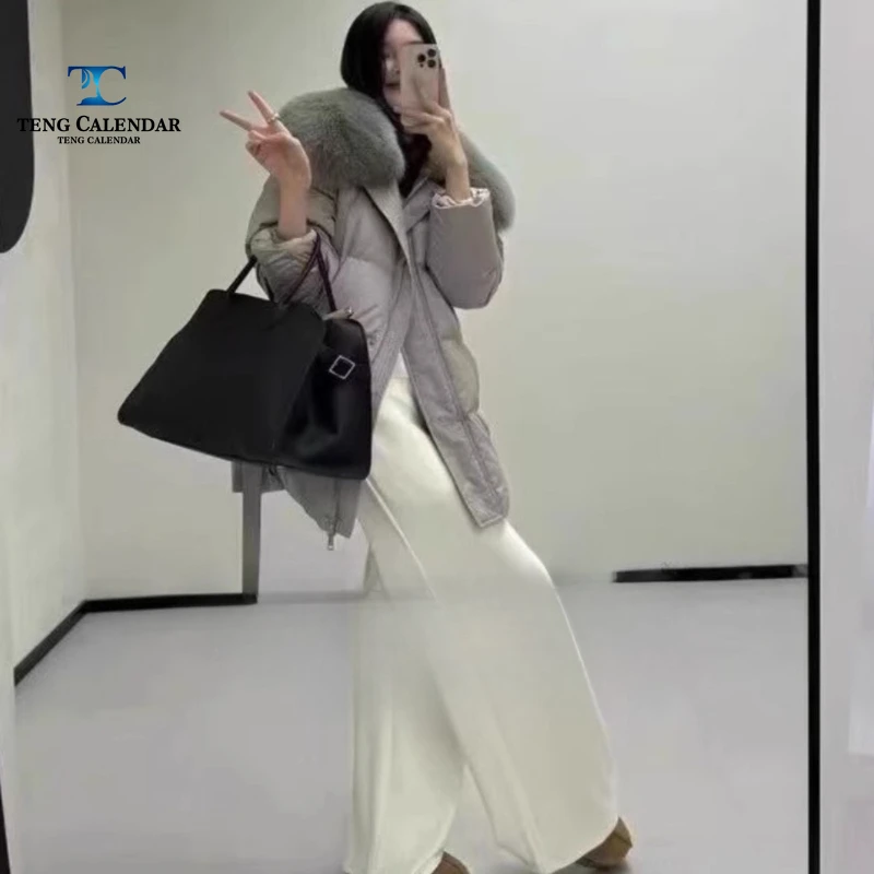 Chaqueta de plumón con cuello de piel de zorro auténtica de gran tamaño, chaqueta de cintura suelta y gruesa de longitud media a larga, nueva colección de invierno para mujer