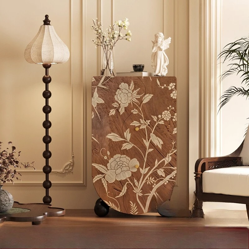 

flower solid wood bucket cabinet integrated against the wall, storage storage cabinet next to the sofa in the living room