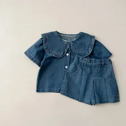 Summer children's clothing 2024 new girls long sleeved denim set baby solid color top+denim skirt Korean casual two-piece set