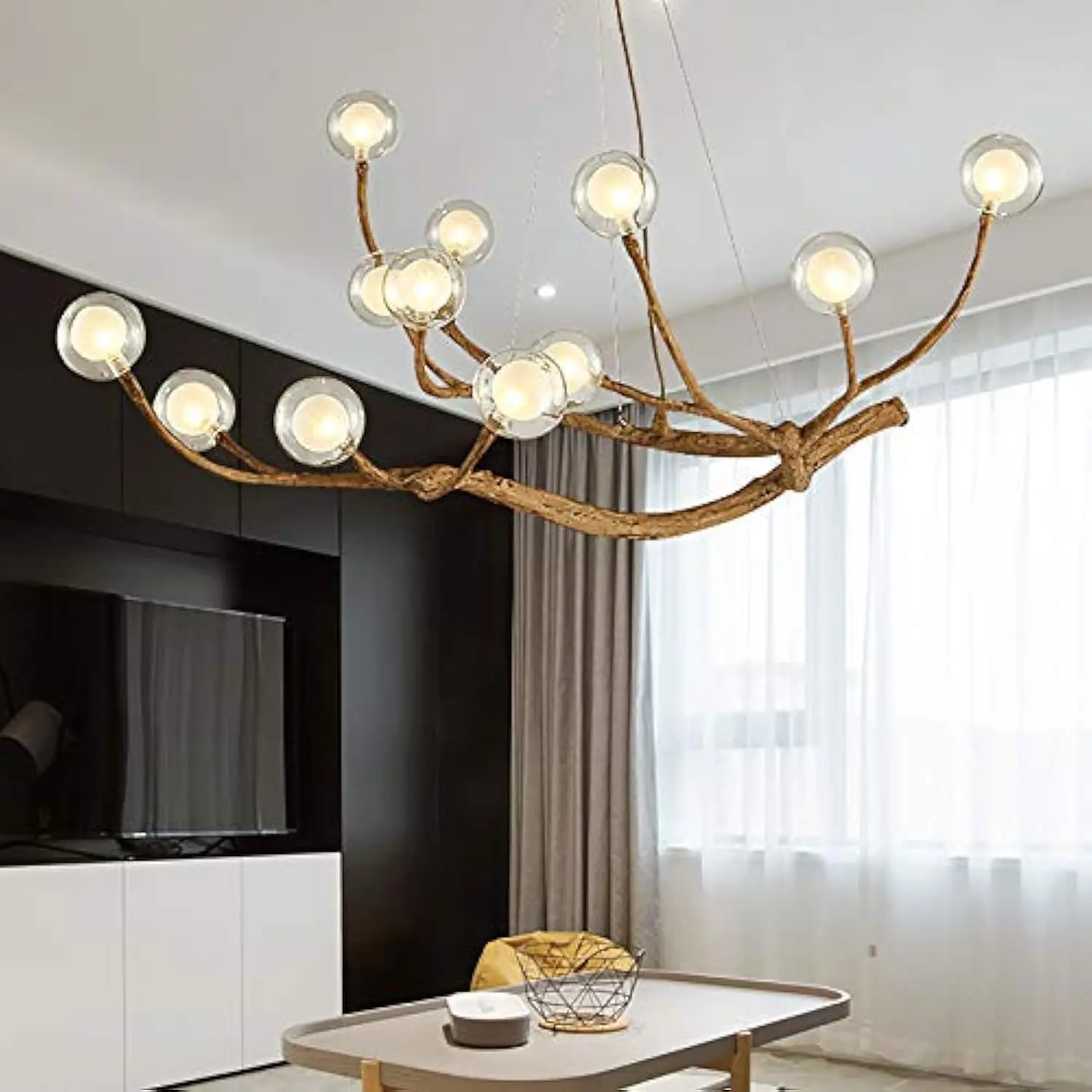 

Modern Glass Globe Chandelier, 12 Lights Retro Wood Branch Tree Branch Light Ceiling Lamp Fixture High Ceiling Chandelier, Adju