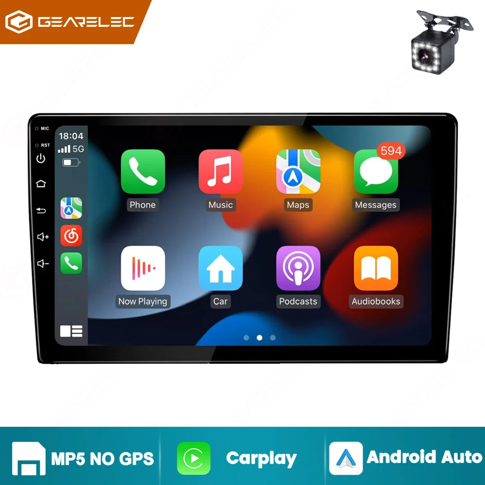 Autoradio MP5 universel 9 pouces double DIN avec Carplay sans fil et Android Auto, navigation GPS, Bluetooth, lecteur multimédia, WiFi, USB, caméra de recul