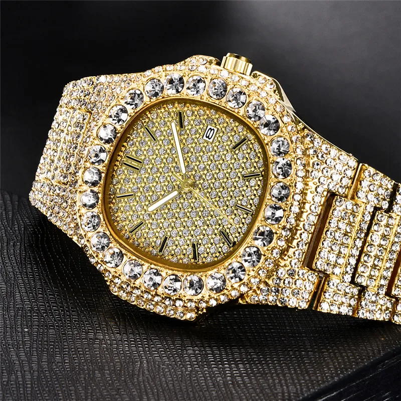 Big Brand Watches For Male Fashion Alloy Band Hip Hop Full Diamond Luxury Golden Calendar Quartz Watch Relojes Lujo Marcas Men