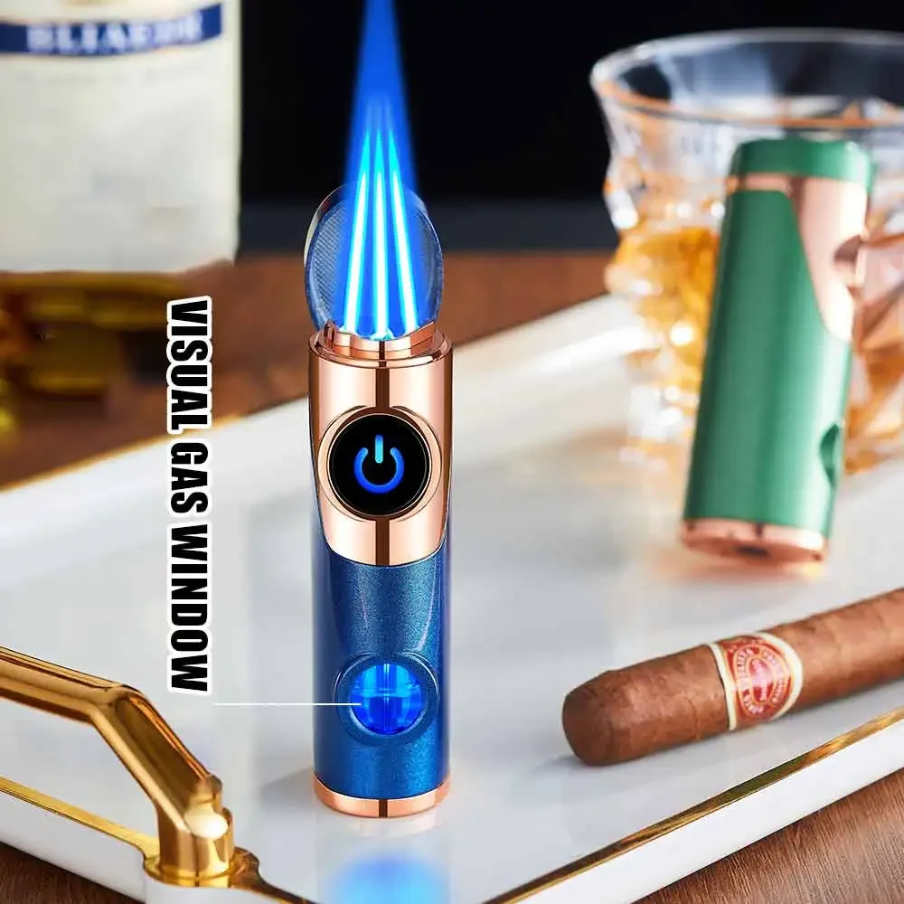 2025 Three Blue Flame Cigar Lighter Touch Sensing Ignition Blue Light Visible Gas Window Bottom Cigar Cutter Type-C Charging