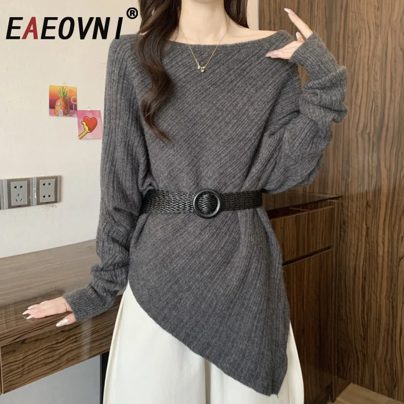 

EAEOVNI однотонный вязаный свитер женский повседневный пуловер с разрезом на шее и поясом со сборками на талии, модные топы 202, осень-зима, новинка