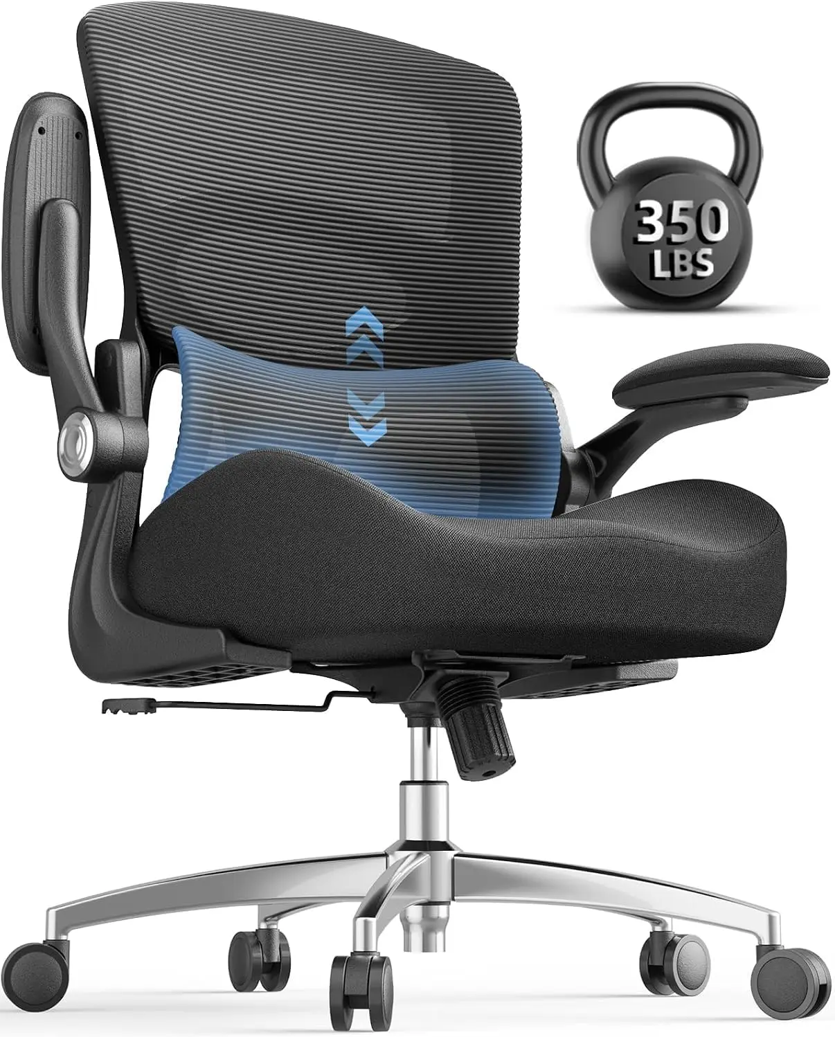 Adjustable Lumbar Support Ergonomic Office Chair with 2.95-Inch Height Adjustment, 4.9-Inch Thick Seat Cushion, 90° Flip-Up Armrests, 4-Inch Height Adjustment, 90–110° Rocking Recline, 350 lbs Capacity