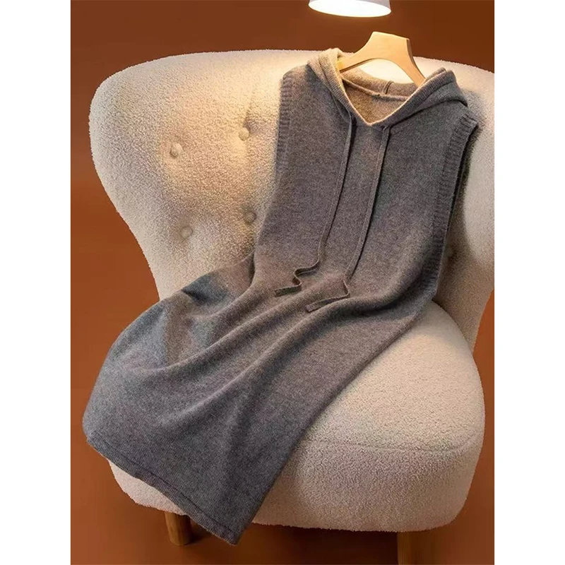 Fashion Hoodie Cashmere Vest Dress Women Soft Solid Loose Sleeveless Wool Dress Autumn Casual Tank Top Dress New