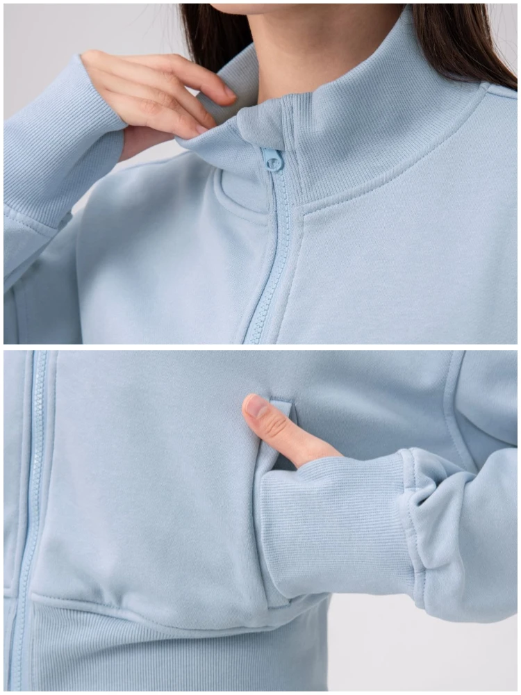 VITALINOVO Damen-Jacken mit Reißverschluss, Stehkragen, kurzes Sweatshirt mit Taschen, Daumenloch, Herbst, langärmlig, Sportjacken, Winter – Detail 10
