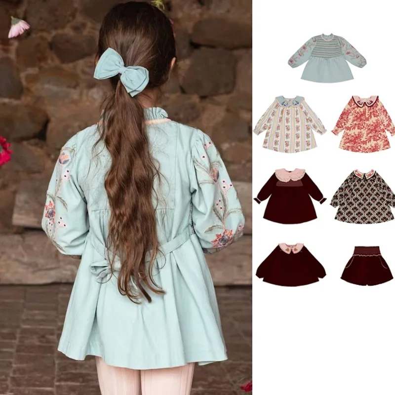 

Girls' Sweater 2025 Winter New Arrival Printed Vintage Fashion Children's Princess Dress Pure Cotton Velvet Warm Collared Dress