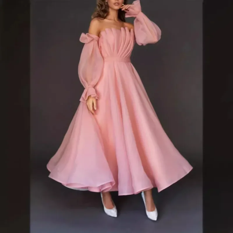 Sexy Fashion Long Sleeve Off Shoulder High Waist Corset Folds Evening Graduation Dress Robe Prom Elegant Women Long Party Dress