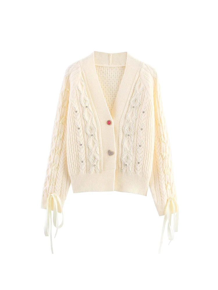 

European and American style autumn women's clothing new fashion all-match solid color long-sleeved beaded knitted cardigan