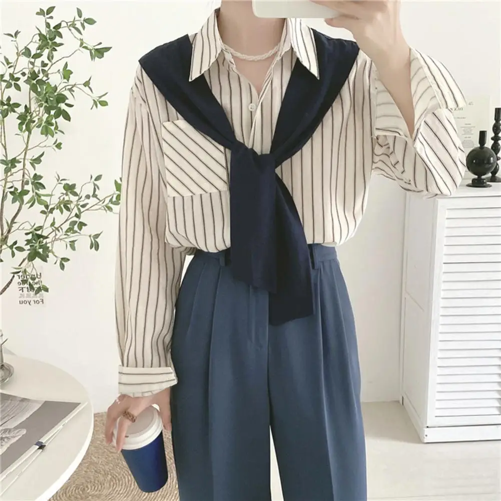 Autumn Maillard Style Fake Two-piece Women Shirt Brown Kintted Shawl Back Vertical Stripe Shirt Blouse French Style Women Shirt