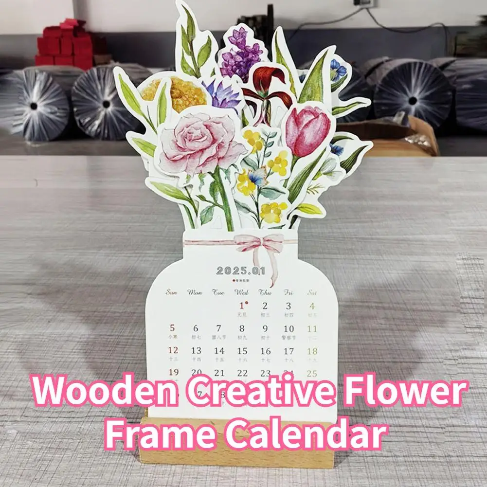 2025 Wooden Creative Flower Frame Calendar Mini Notepad Calendar Decorative Ornament Eco-Friendly Perfect Gift Choice