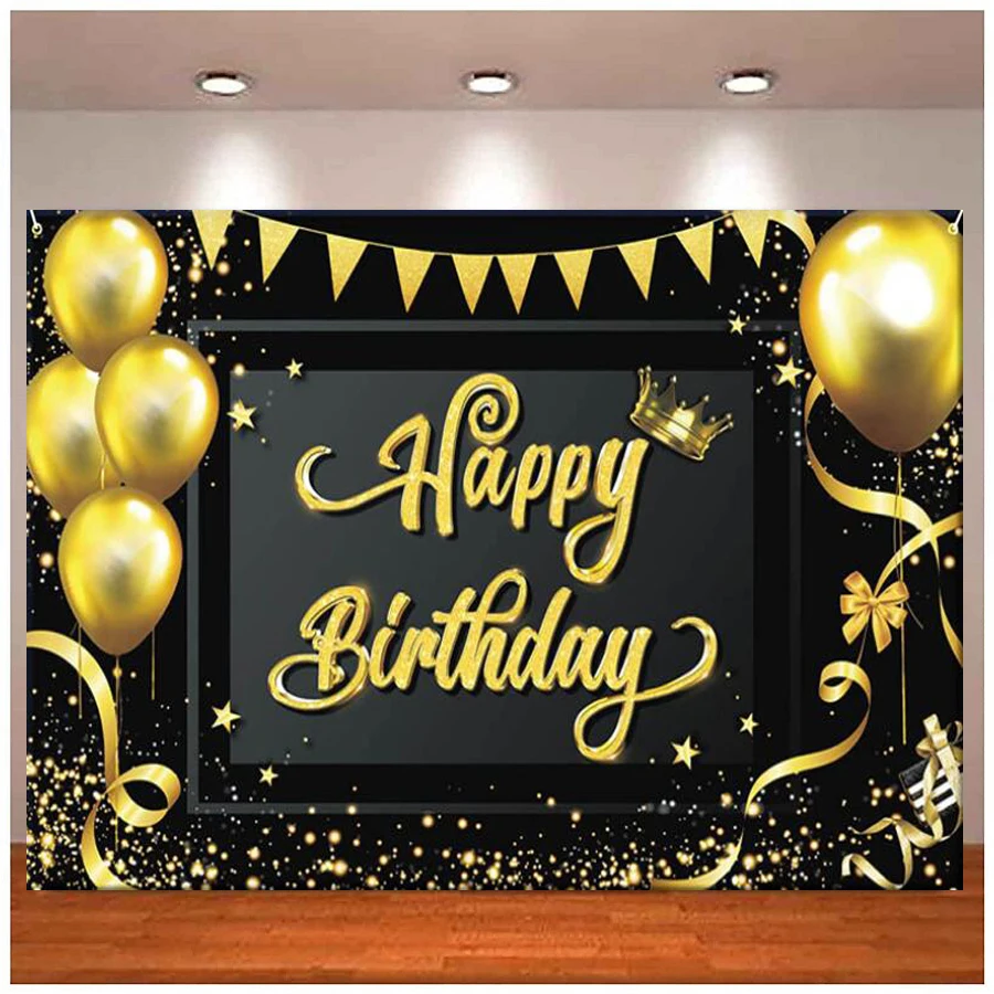 Photography Backdrop Black Gold Balloon Star Fireworks Sign Men Women 30th 40th 50th 60th 70th 80th Happy Birthday Party Decor