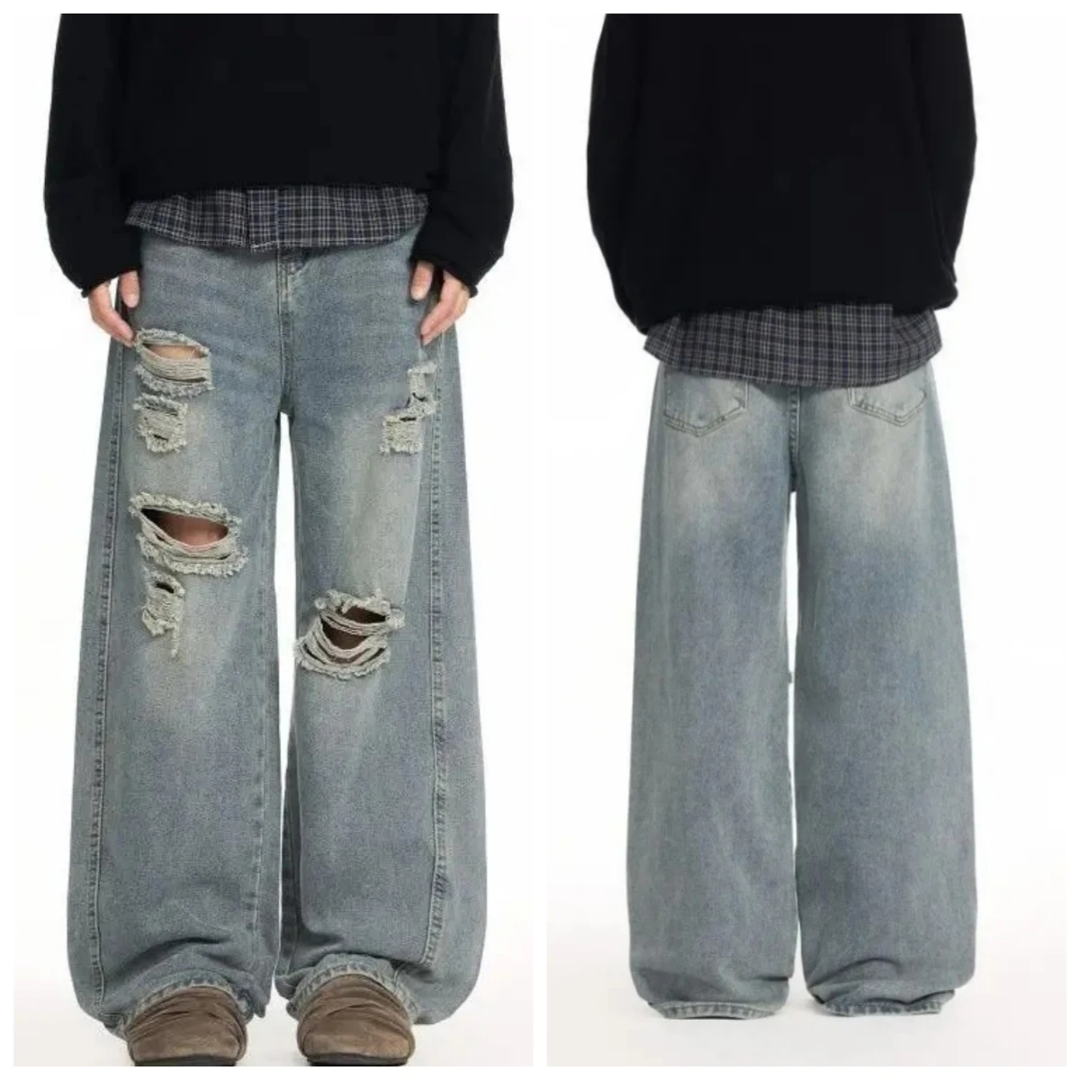 

High Waist Men's Blue Jeans Aesthetic Vintage 2000s Streetwear Y2K Wide Leg Jeans 2026 Autumn Ripped Trouser Baggy Denim Pants