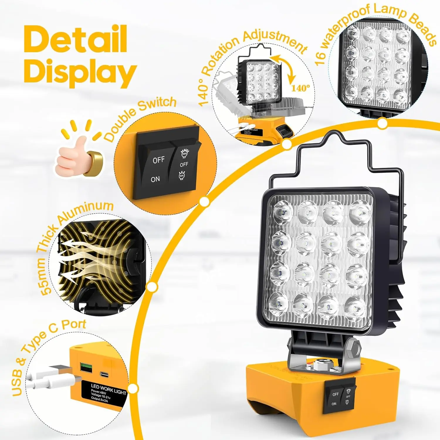 LED Work Light for Dewalt & for Milwaukee Battery 48W Protable Floodlight Flashlight USB&Type C Charging Lamp Tools for Job Site