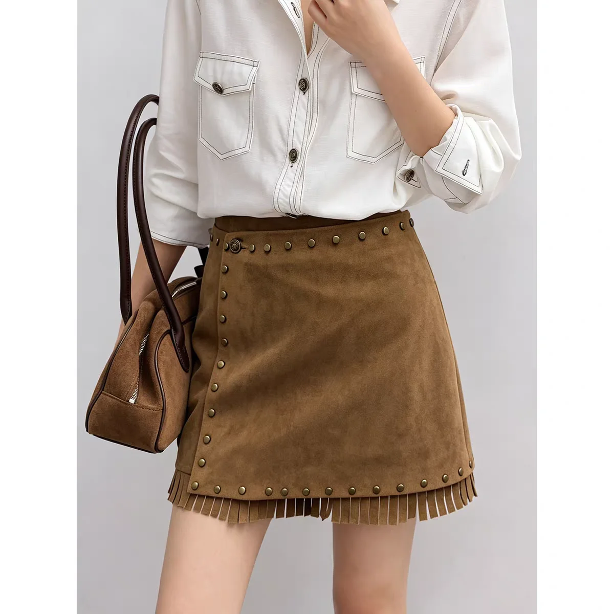 Retro Heavy Studded Suede Fringe Skirt for Women Fall Winter High-Waist Plus Size Tummy Control Slimming A-Line Mini Skirts