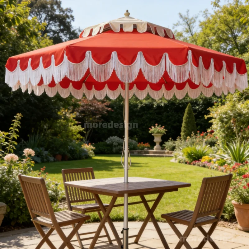 

French Style Open Air Restaurant Patio Courtyard Garden Pool Beach Villa Sunshade Double Layer Folding Tassel Outdoor Umbrella