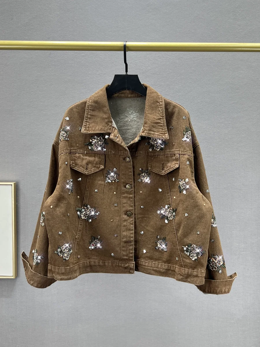 

Heavyweight iny Street Sle Denim Jaet Women's Trendy 2024 New Loose Slimming Long Sve Jaet with Button Detail