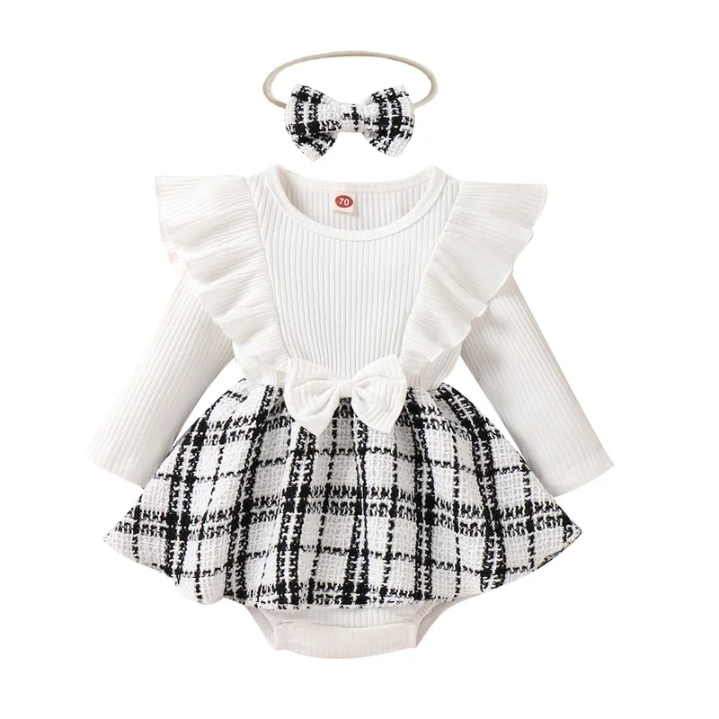 2022-10-12 Lioraitiin 0-24M Infant Baby Girls Bodysuit Dress Set Ruffle Long Sleeve Plaid Jumpsuits and Headband Newborn