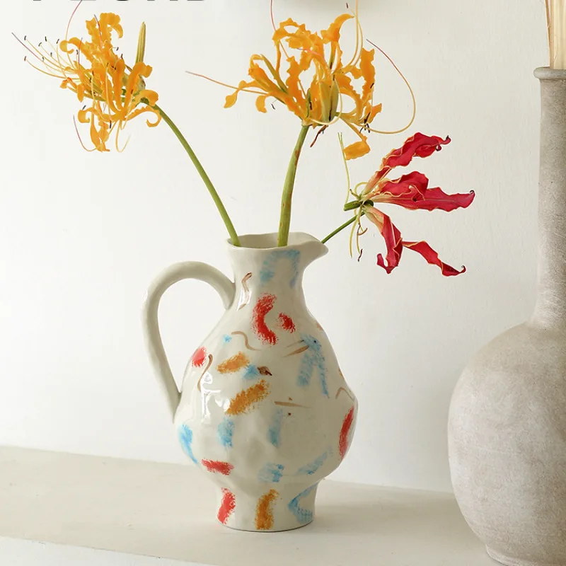 

Artistic Vase with Hand-Painted Handles, Ideal for Living Room, Restaurant Decor, Commercial Exhibition Piece